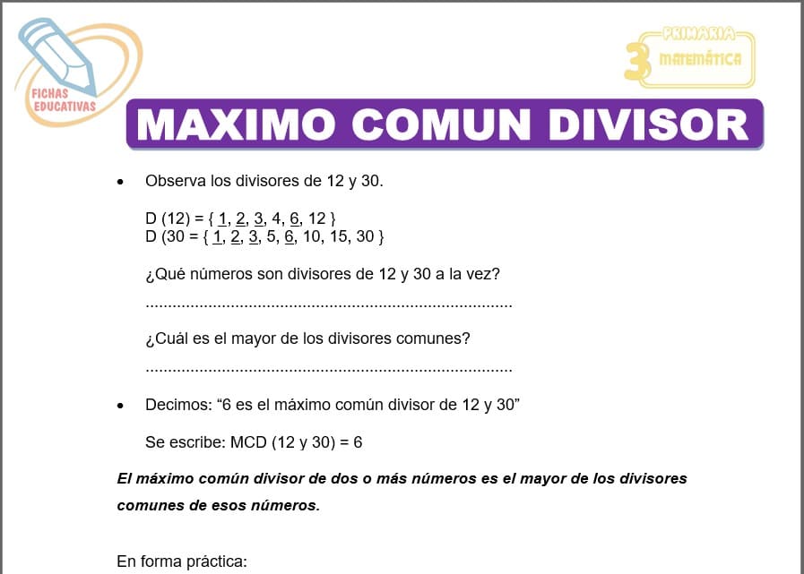 Máximo común divisor para tercero de primaria