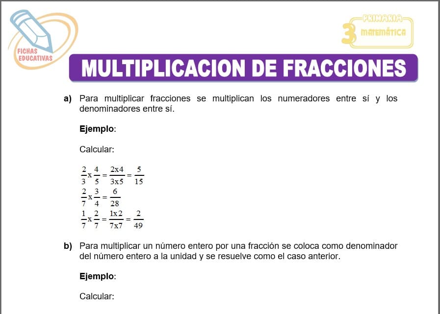 Multiplicación de fracciones para tercero de primaria