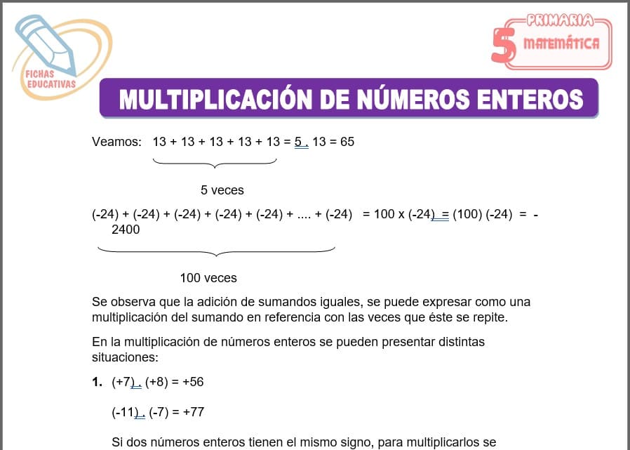 Multiplicación de números enteros para quinto de primaria