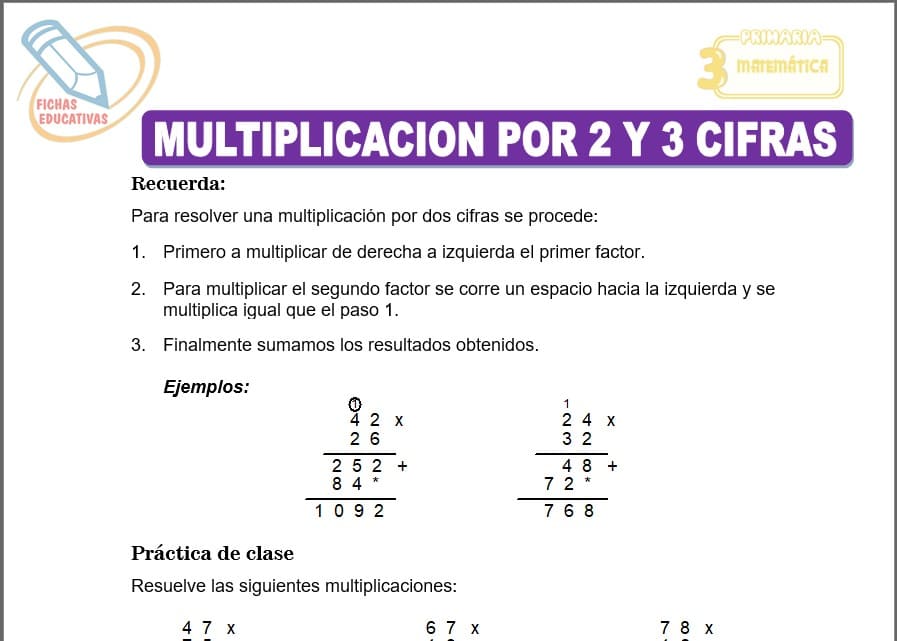 Multiplicación por 2 y 3 cifras para Tercero de Primaria Multiplicación por 2 y 3 cifras para tercero de primaria