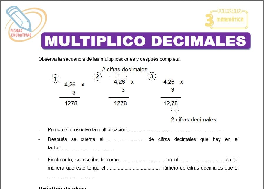 Multiplico decimales para tercero de primaria