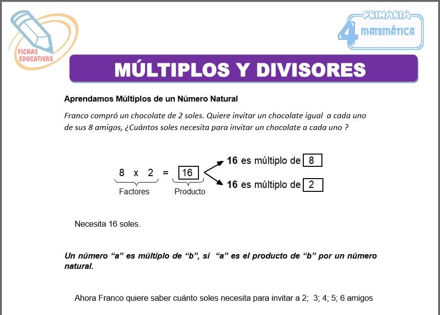 Múltiplos y divisores para cuarto de primaria