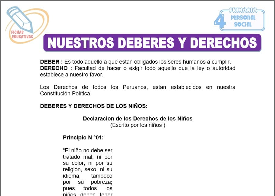 Nuestros deberes y derechos para cuarto de primaria