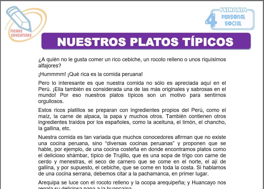 Nuestros platos típicos para cuarto de primaria