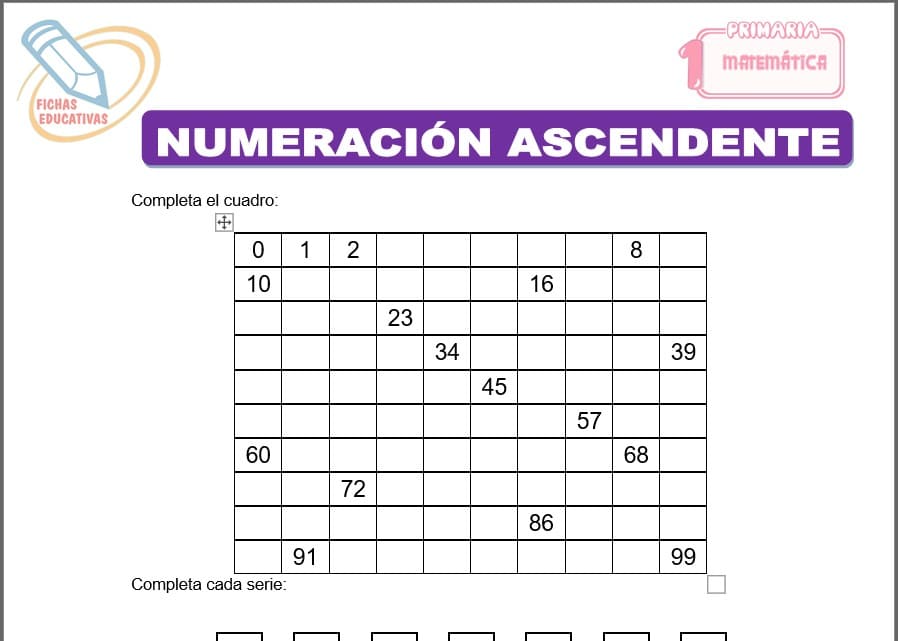 Numeración ascendente para primero de primaria