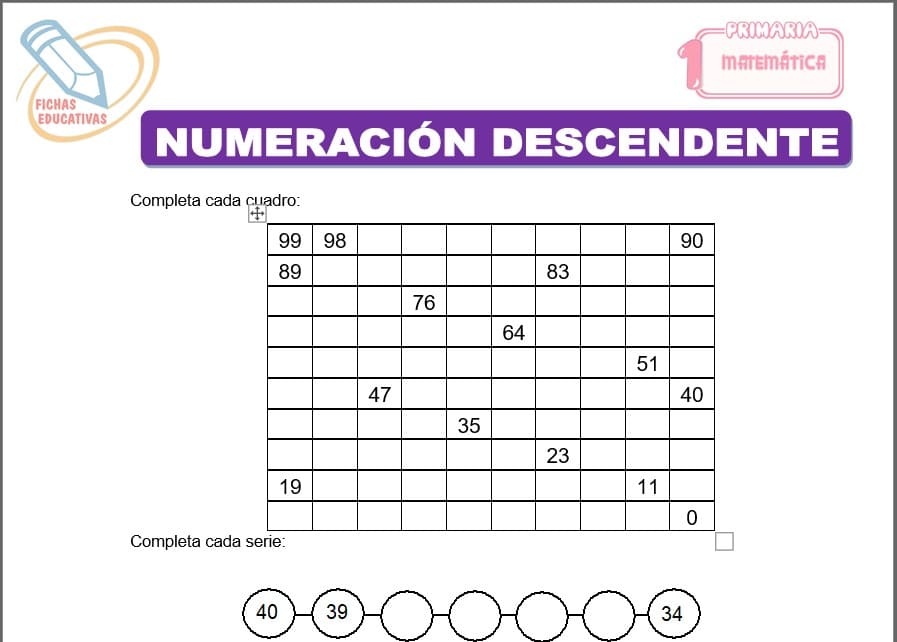 Numeración descendente para primero de primaria