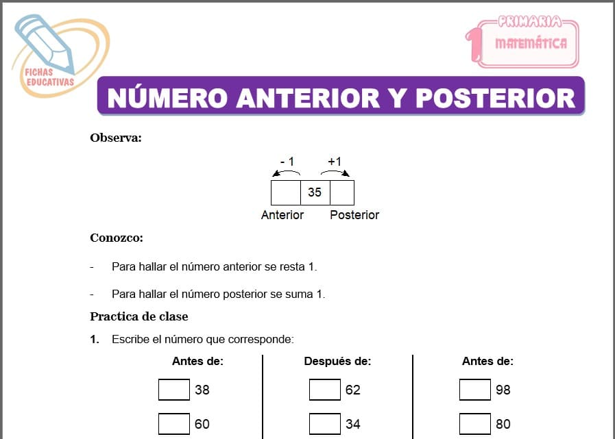 Número anterior y posterior para primero de primaria