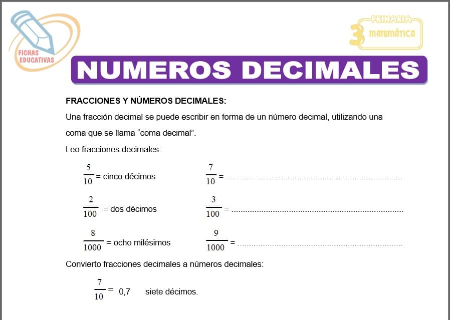 Números decimales para tercero de primaria
