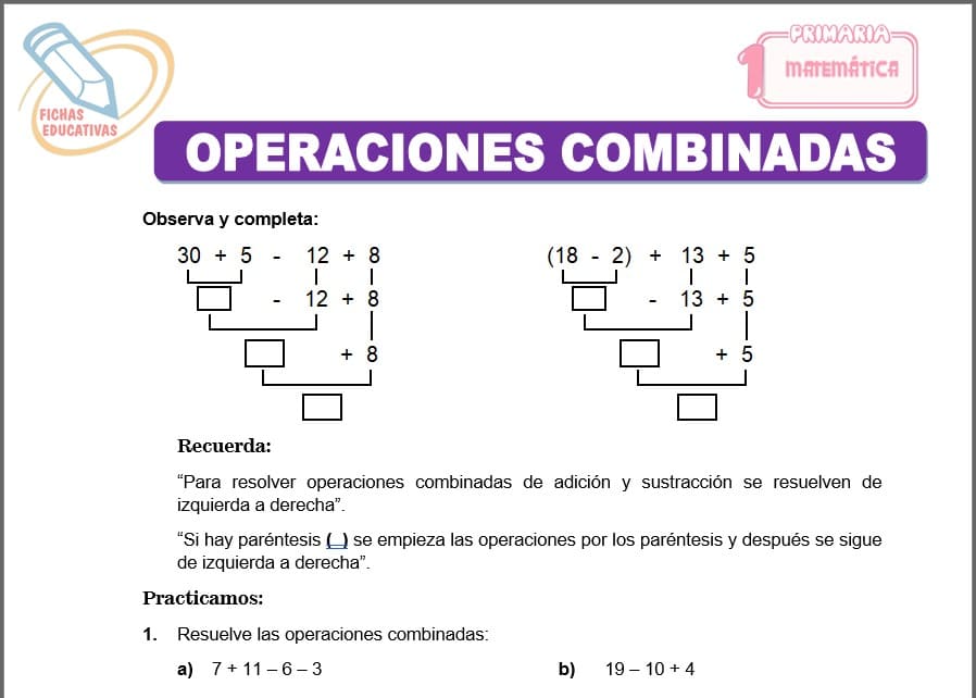 Operaciones combinadas para Primero de Primaria Operaciones combinadas para primero de primaria