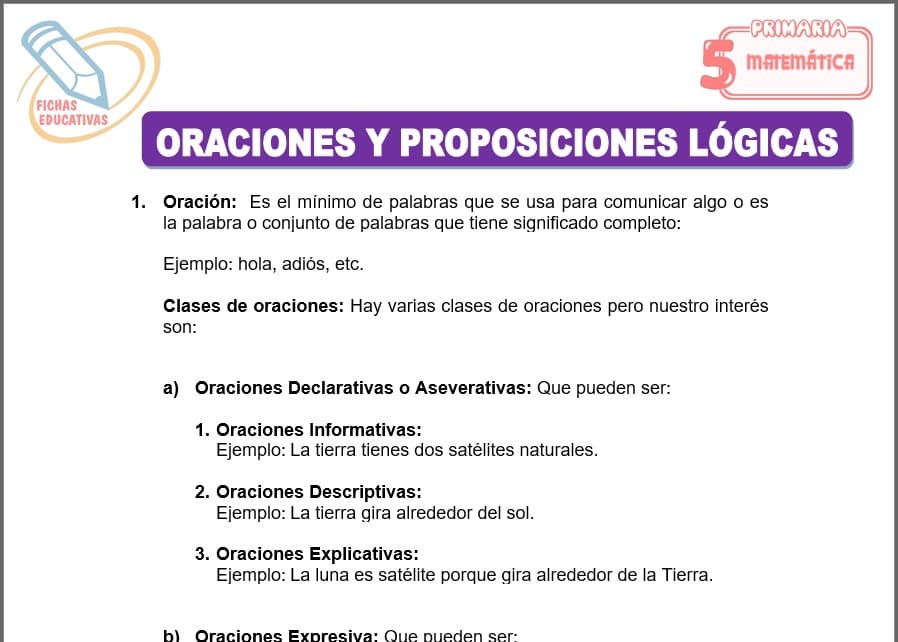 Oraciones y proposiciones lógicas para quinto de primaria