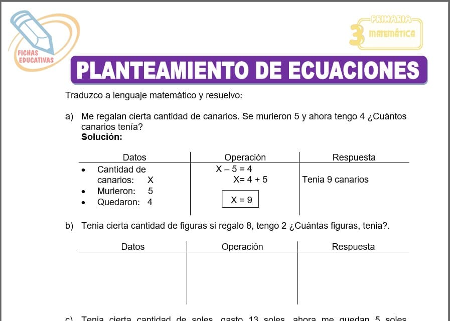 Planteamiento de ecuaciones para tercero de primaria