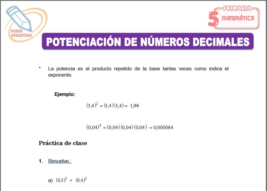 Potenciación de números decimales para Quinto de Primaria Potenciación de números decimales para quinto de primaria