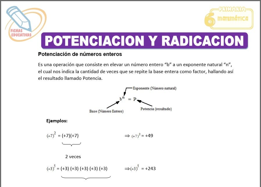 Potenciación y radicación para sexto de primaria