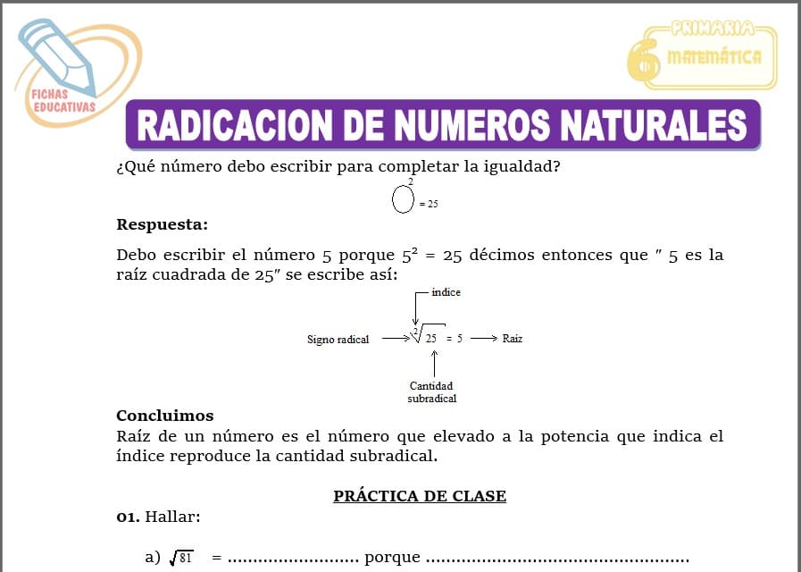 Radicación de números naturales para sexto de primaria