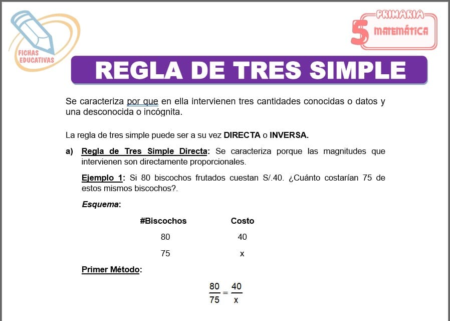 Regla de tres simple para Quinto de Primaria Regla de tres simple para quinto de primaria
