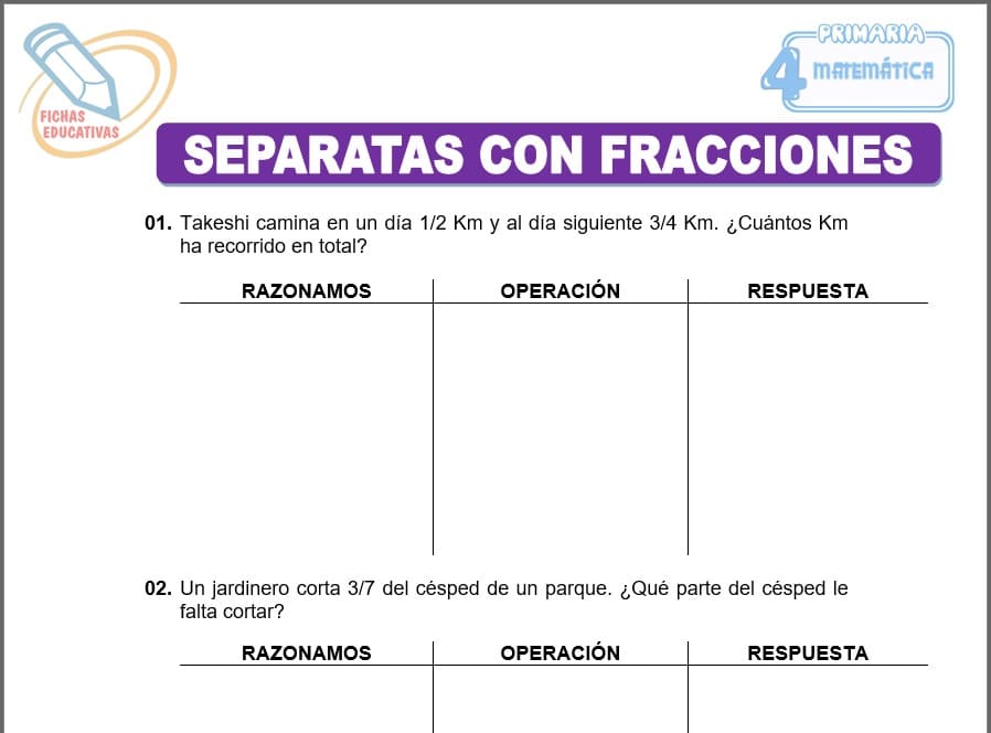 Separatas con fracciones para cuarto de primaria