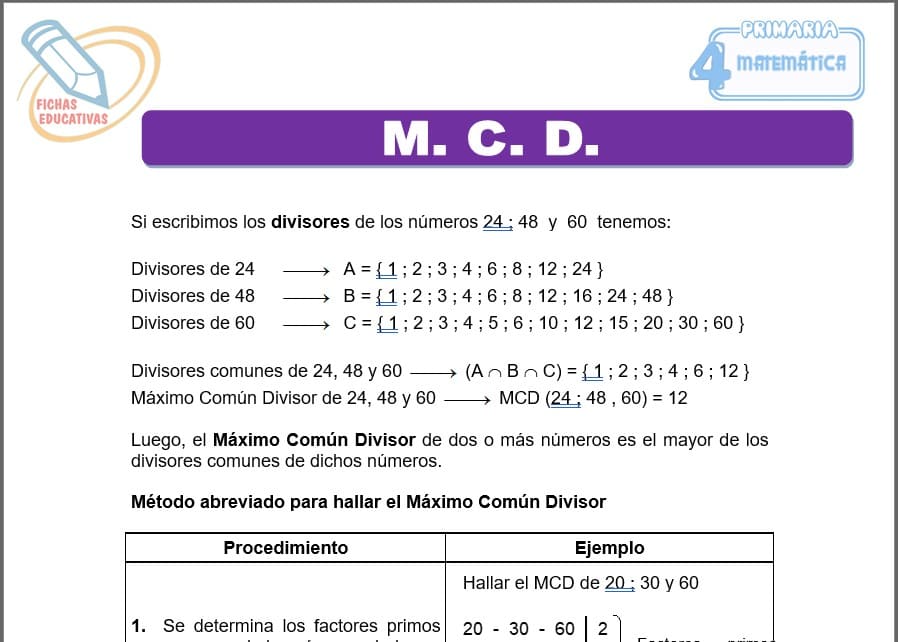 Separatas de M C D para cuarto de primaria