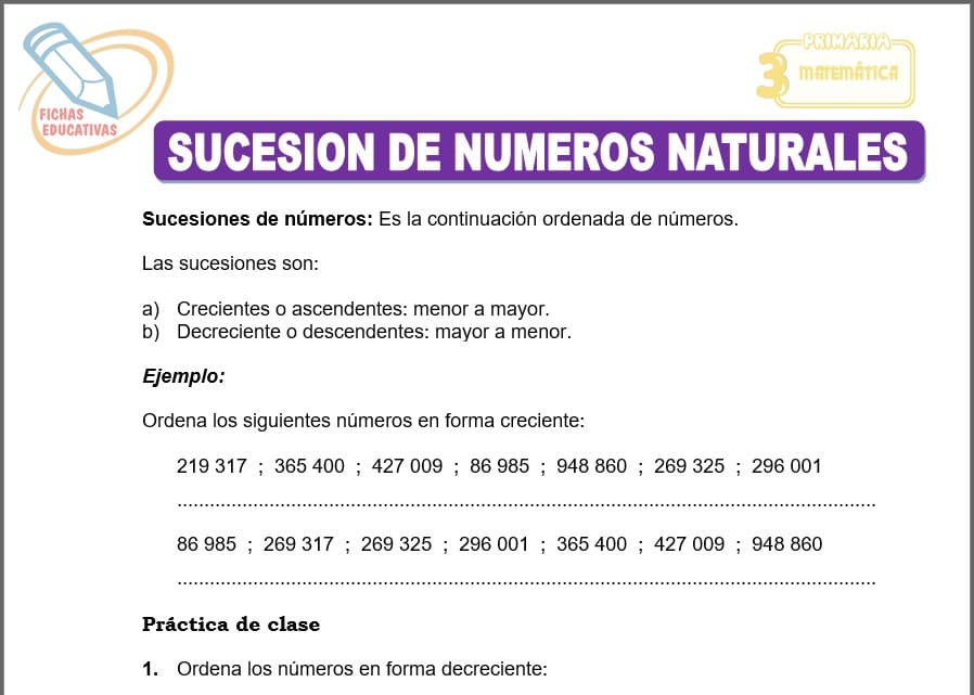 Sucesión de números naturales para tercero de primaria