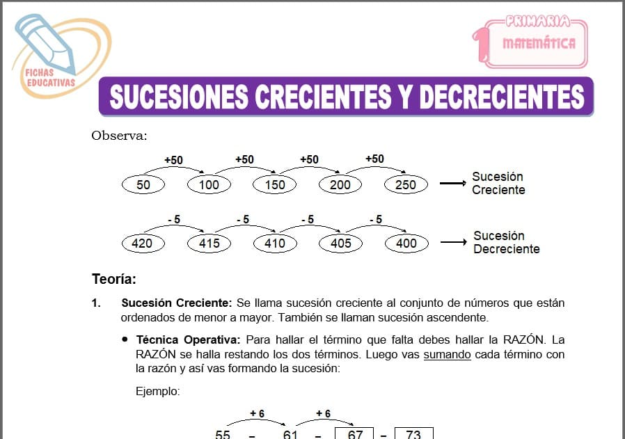 Sucesiones crecientes y decrecientes para primero de primaria