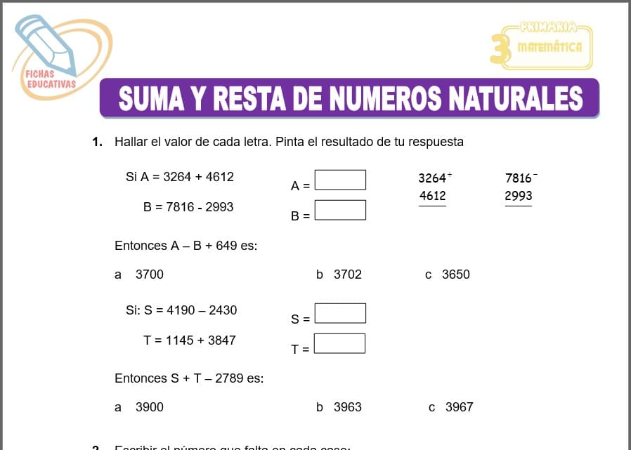 Suma y resta de números naturales para tercero de primaria