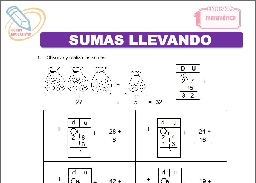 Sumas llevando para primero de primaria